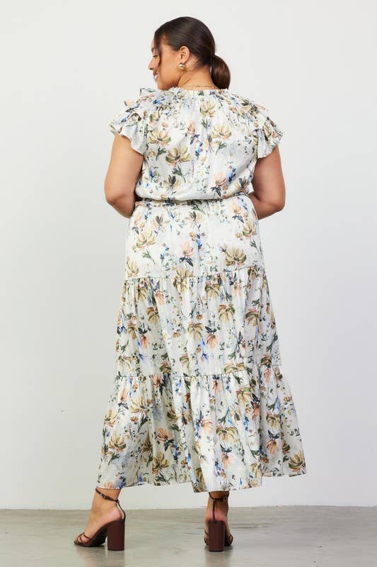 CREAM Floral Print Ruffled Short Sleeve Long Dress