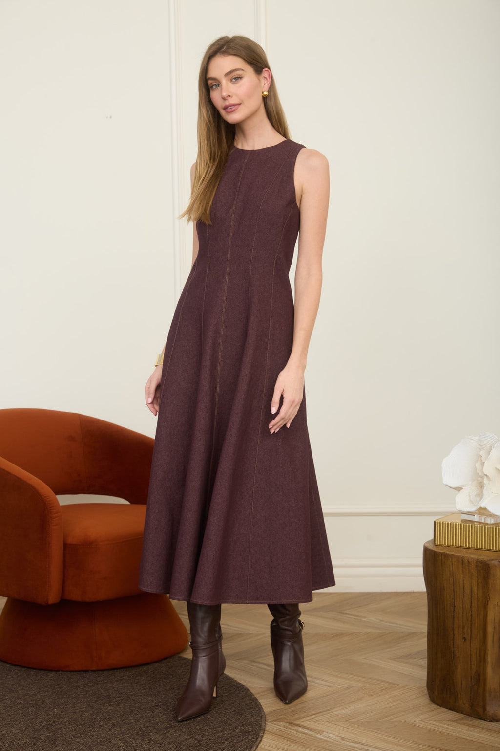 BURGUNDY SLEEVELESS A-LINE MIDI DRESS