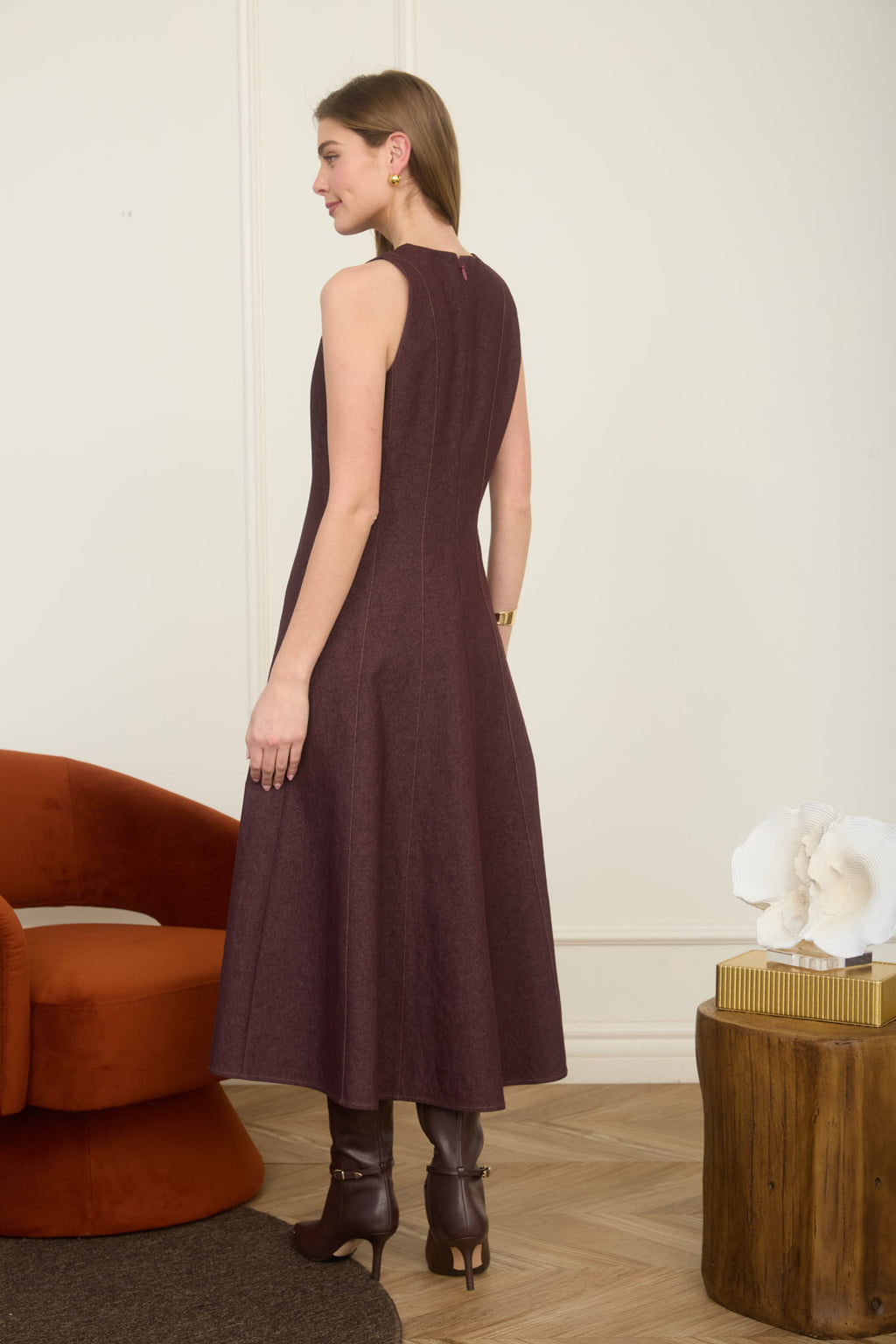 BURGUNDY SLEEVELESS A-LINE MIDI DRESS