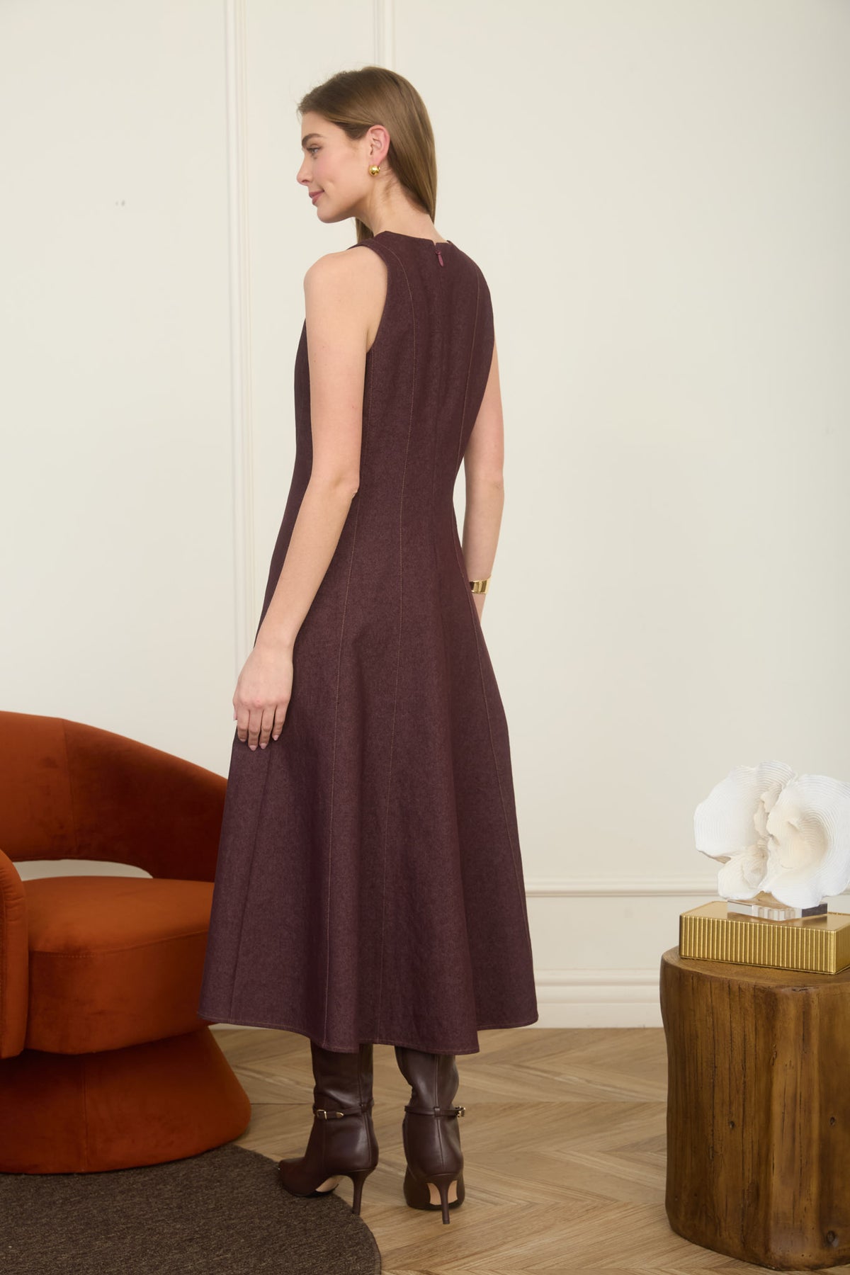 BURGUNDY SLEEVELESS A-LINE MIDI DRESS
